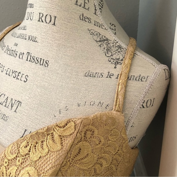 NEW LA FEMME SZ 12 GOLD LACE ILLUSION FORMAL EVENING GOWN - Picture 8 of 16